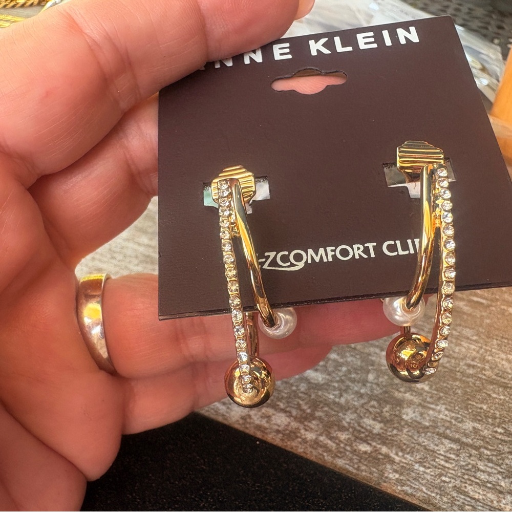 NWT, Anne Klein Gold, Rhinestone and Pearl double Hoop, Clip on Earrings